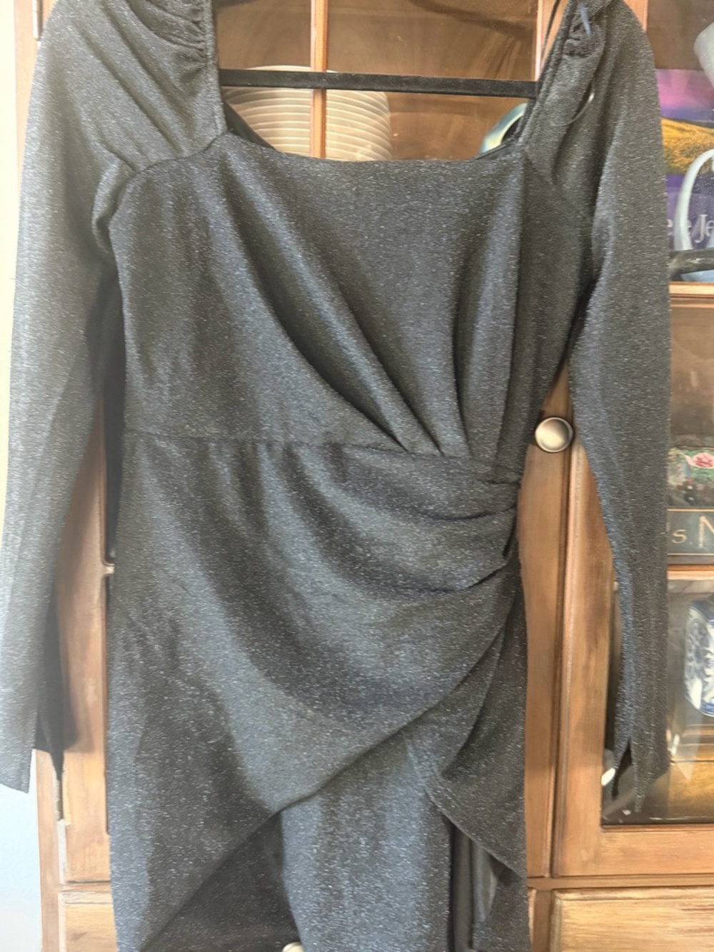 miami Black Sparkle Long-Sleeve Ruched Asymmetrical Dress